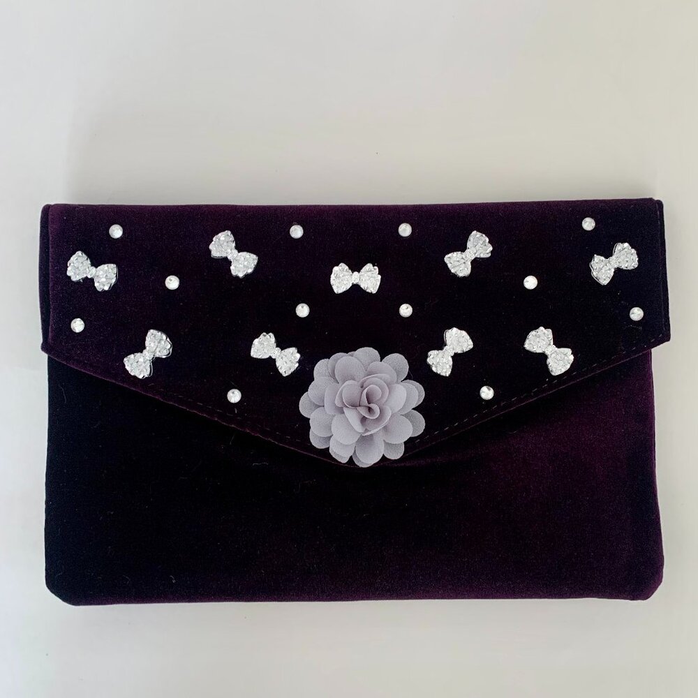 Garell Purple Velvet Clutch Bag Hand Embellished with Gray FlowerBow Decorations